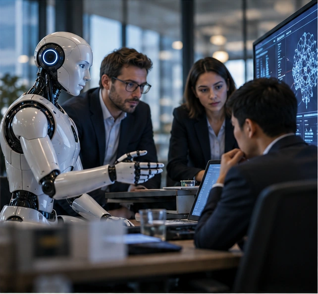 A team working alongside an AI-powered robot assistant
