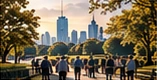 People walking through a green city park