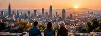 People looking over the skyline at sunset