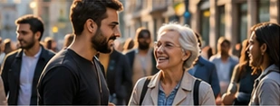 Neighbours of different generations talking in the street