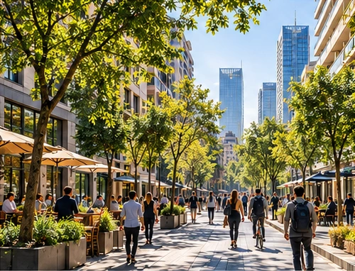 A tree-lined pedestrian avenue with people walking and cycling