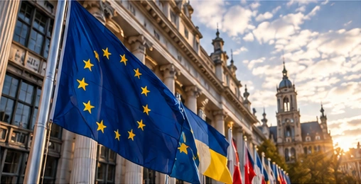 European flags lining a street in Brussels