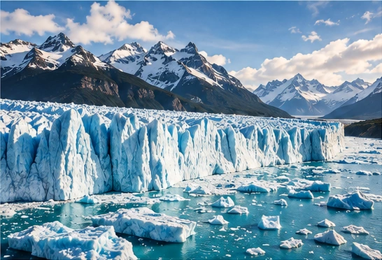 The Perito Moreno Glacier beneath snow-covered mountains