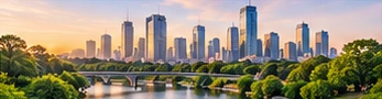 A green riverbank in front of a modern city skyline