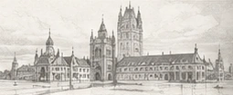 A pencil illustration of a historic European parliament