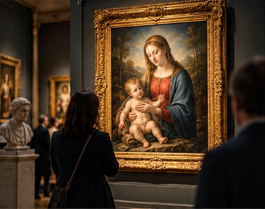 Visitors study a gilded Renaissance painting at the National Gallery