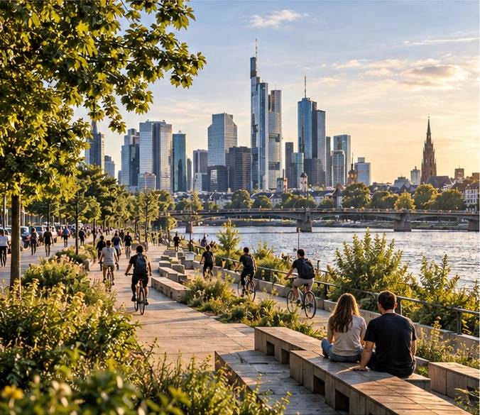 People relaxing on a green riverside promenade in Frankfurt