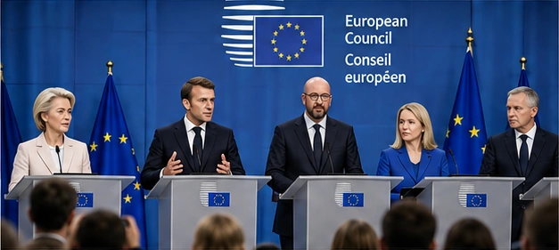 European leaders speaking at a press conference in Brussels, with European Union flags behind them
