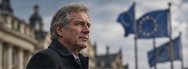Adrian Whitmore in front of European Union flags